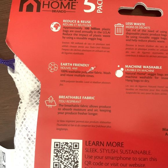 Natural Home Brands Reusable Produce Bags with Drawstrings WP76 Pack of 5 - NEW - Picture 8 of 11